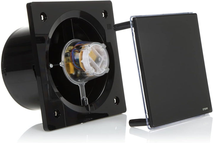 STERR Schwarzer Badlüfter 150 mm mit LED + TIMER - Badezimmerventilator - Glasfront - Modernes Ausse