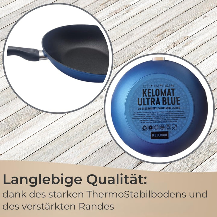 Riess Kelomat Wokpfanne 28 cm - Beschichtete Antihaftpfanne in Blau, schnelle Hitzeverteilung