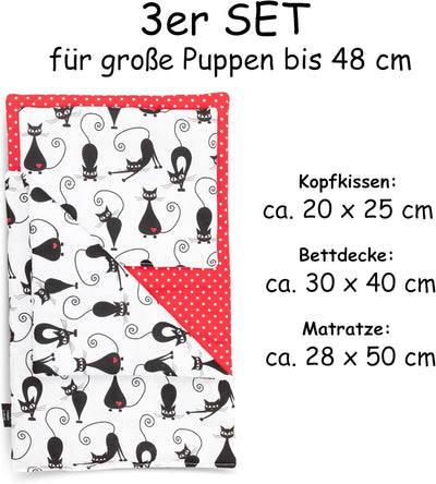 PinkZebra 3-teilig Puppenbettwäsche für grosse Puppen bis 48 cm, Decke + Kissen + Matratze, Puppenbe
