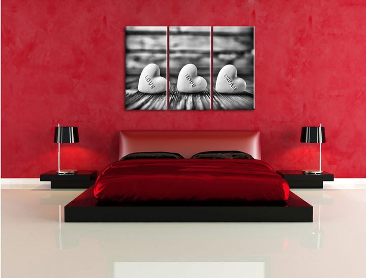 Pixxprint Love Hope Dream Hearts als Leinwandbild/Grösse: 3 Teilig (120x80) / Wandbild/Kunstdruck/fe