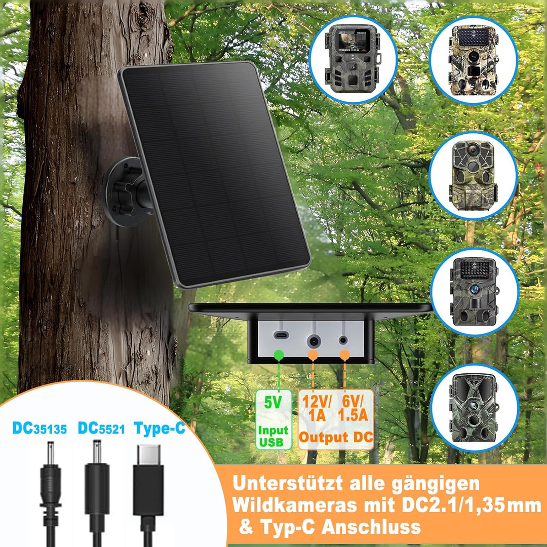 Solarpanel Wildkamera: 5000mAh Akku-Solarpanel für Wild und Outdoor Kameras, 12V/1A&6V/1.5A Solar Ba