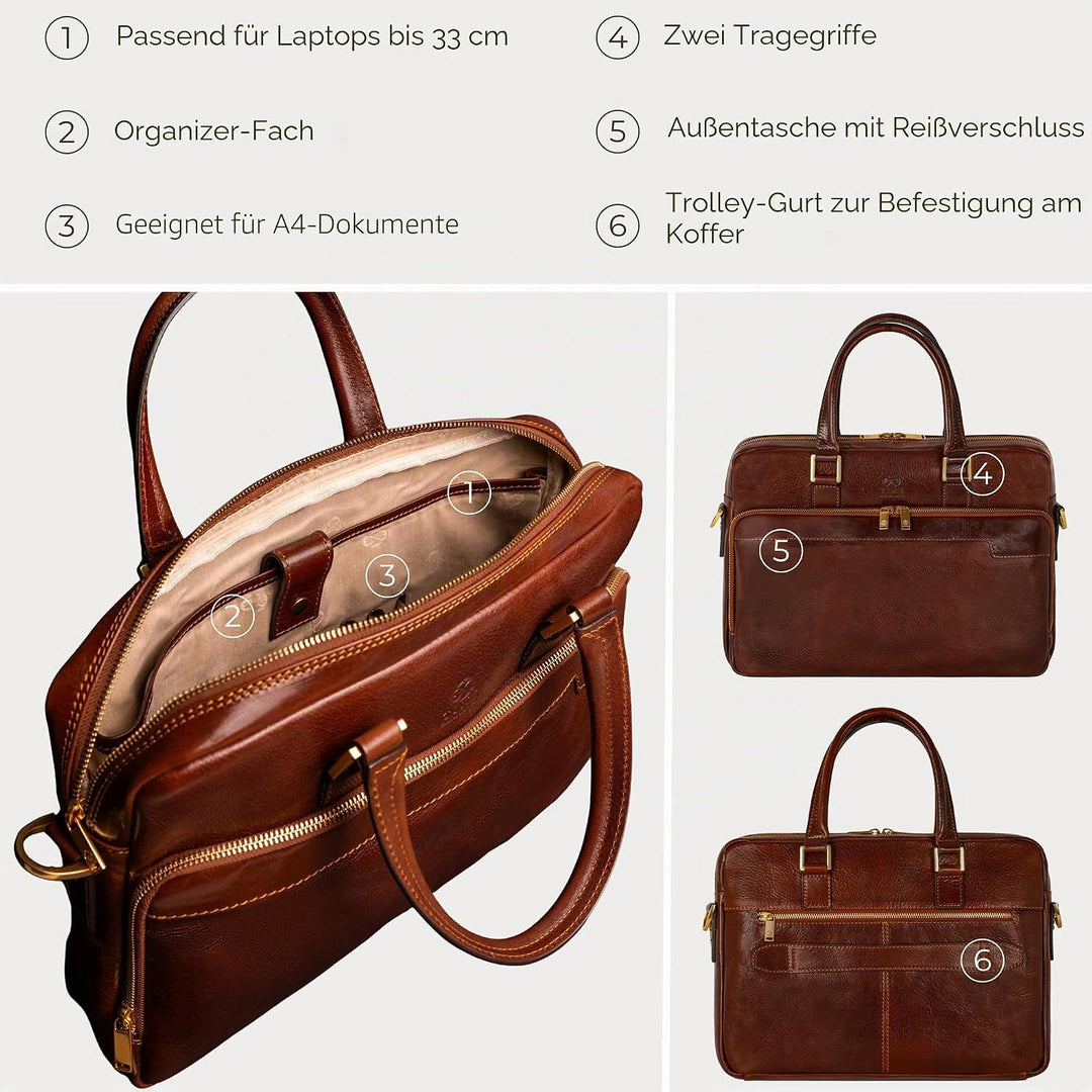 Time Resistance Aktentasche Leder Laptoptasche mit Schultergurt - Handgefertigt in Italien - Arbeits