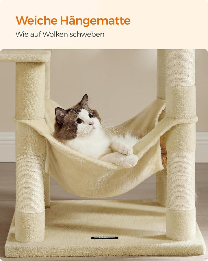 Feandrea Kratzbaum, 143 cm hoch, Katzenbaum, mehrstöckiges Katzenhaus, mit 4 Kratzsäulen, 2 Plattfor