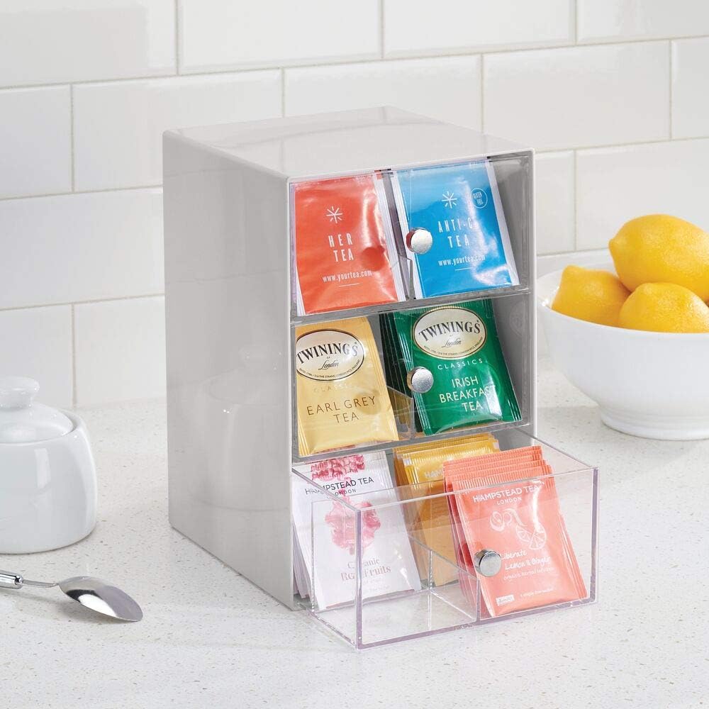 mDesign Küchen Organizer mit 3 Schubladen – Aufbewahrungsbox für Teebeutel, Kaffeepads, Süssungsmitt