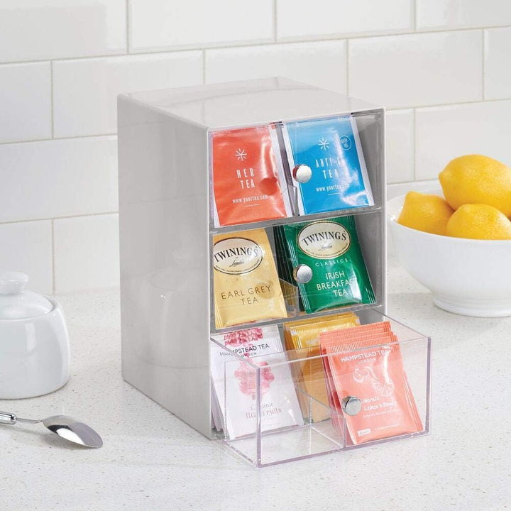 mDesign Küchen Organizer mit 3 Schubladen – Aufbewahrungsbox für Teebeutel, Kaffeepads, Süssungsmitt