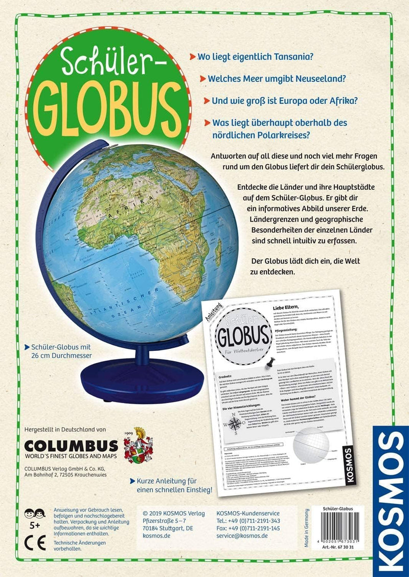 KOSMOS 673031 Schüler-Globus Physisches Kartenbild mit politischen Ländergrenzen, 26 cm Durchmesser