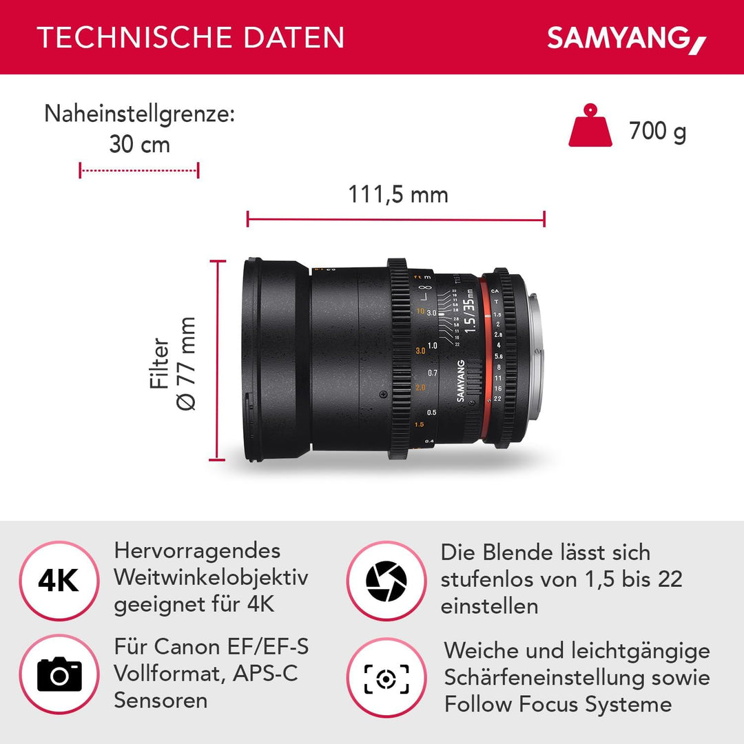 SAMYANG 7810 35/1,5 Objektiv Video DSLR II Canon EF manueller Fokus Videoobjektiv 0,8 Zahnkranz Gear