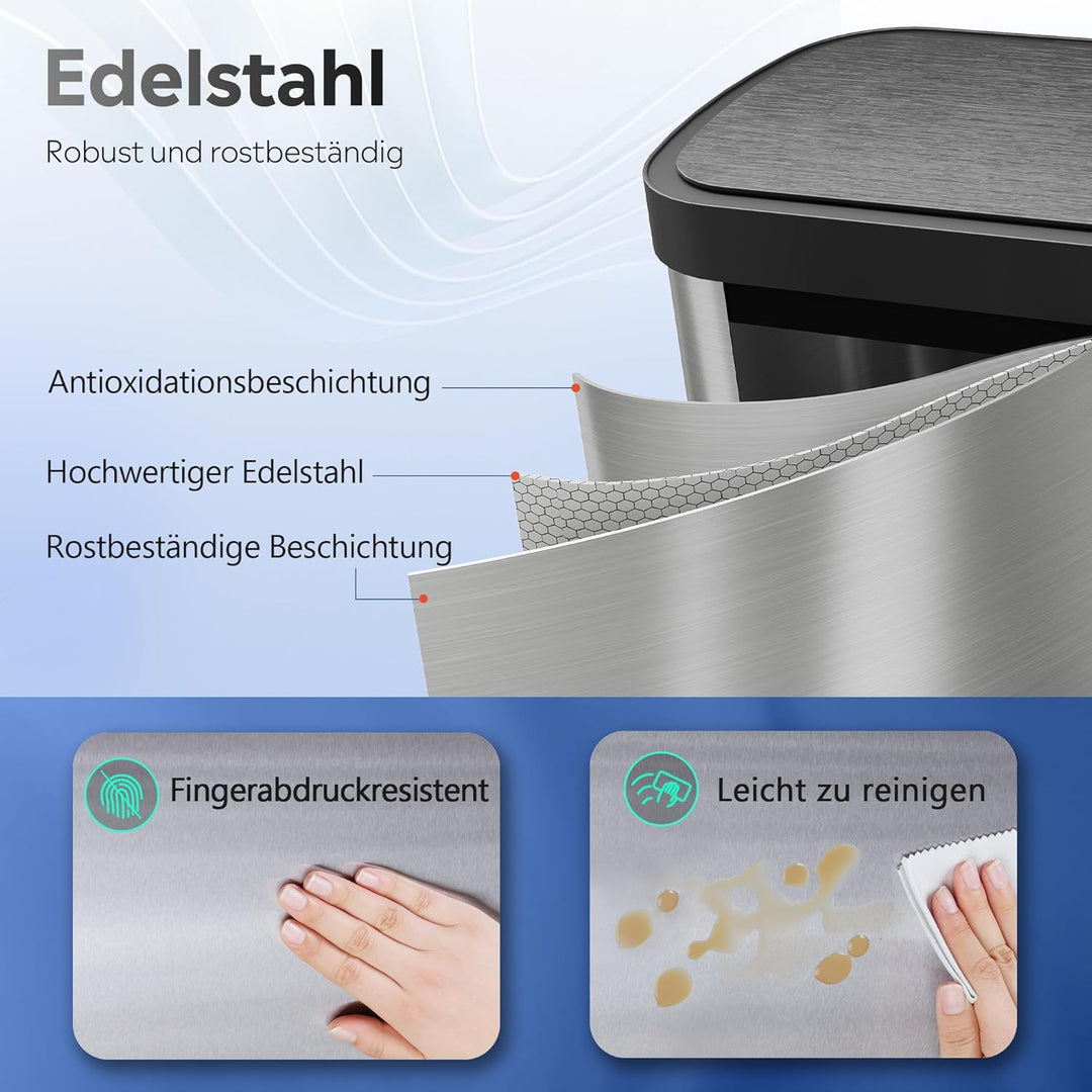 WLIVE Mülleimer 50L mit Sensor, Automatischer Abfalleimer aus Edelstahl, Berührungsfreier Küchenabfa