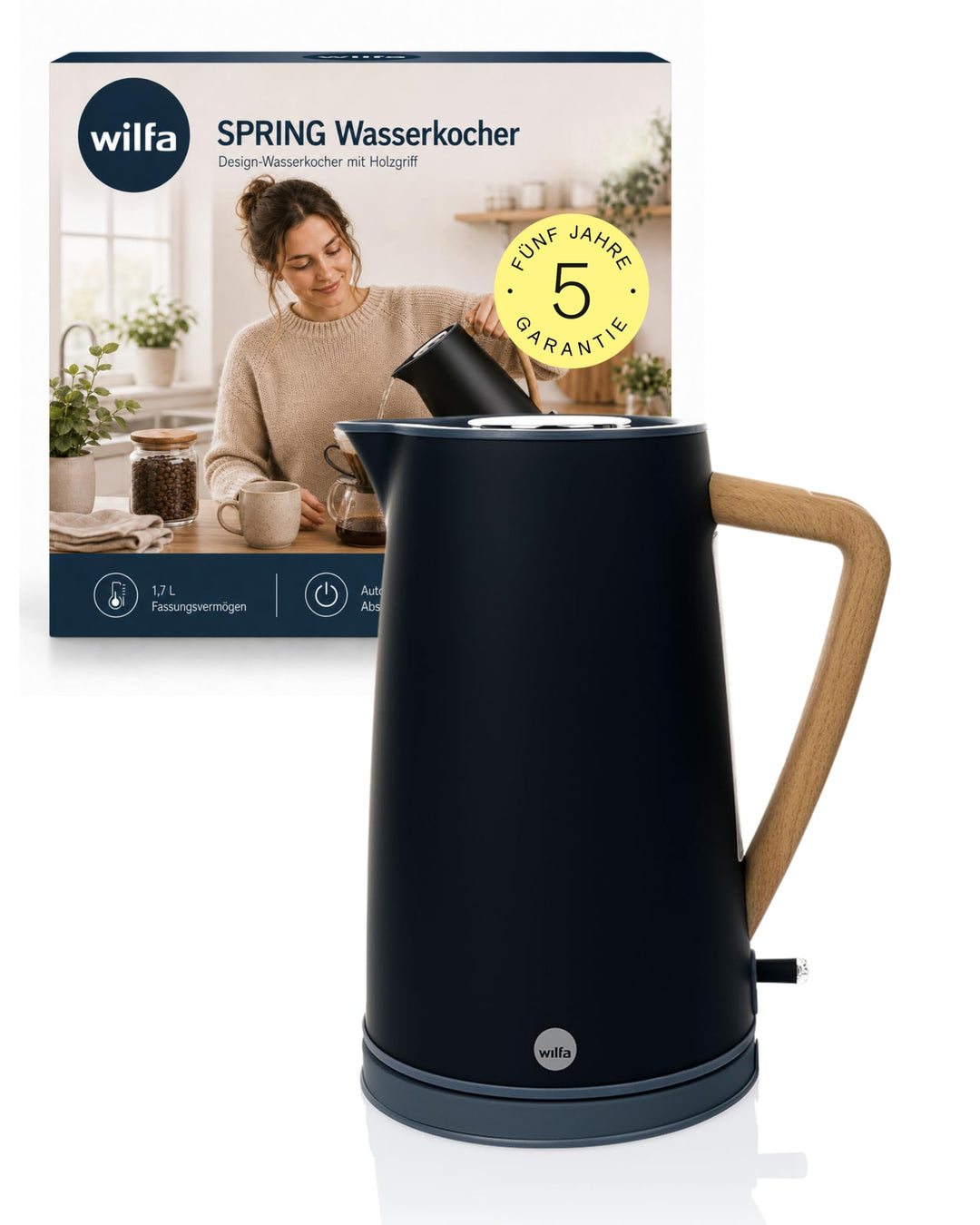 Wilfa SPRING Wasserkocher - mit einem Fassungsvermögen von 1,7 Liter, 2000 Watt, aussenliegende Wass