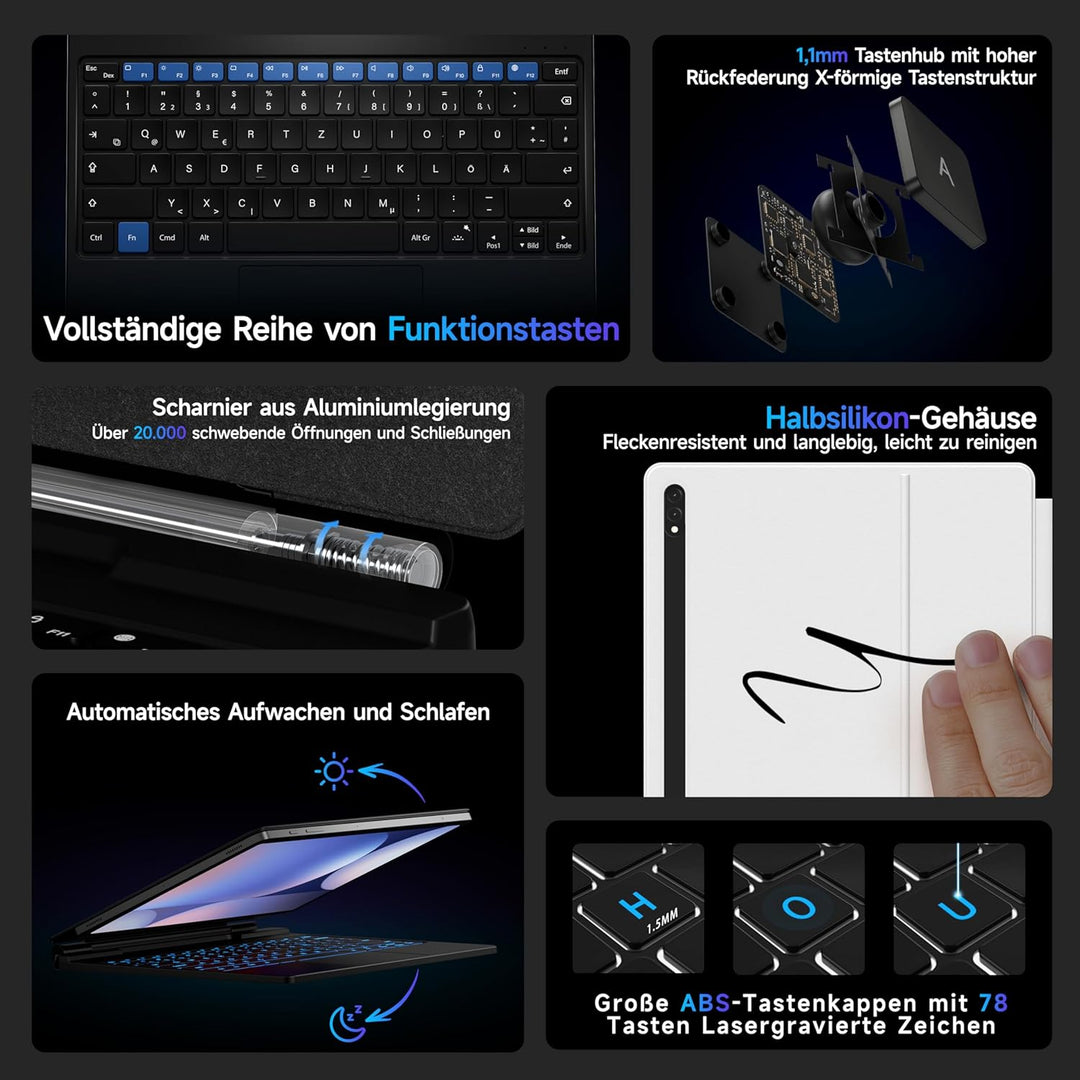 HOU Tastatur hülle für Samsung Galaxy Tab S10+/S9 FE+/S9+/S8+/S7 FE/S7+ (12,4 Zoll) mit Magnetstände