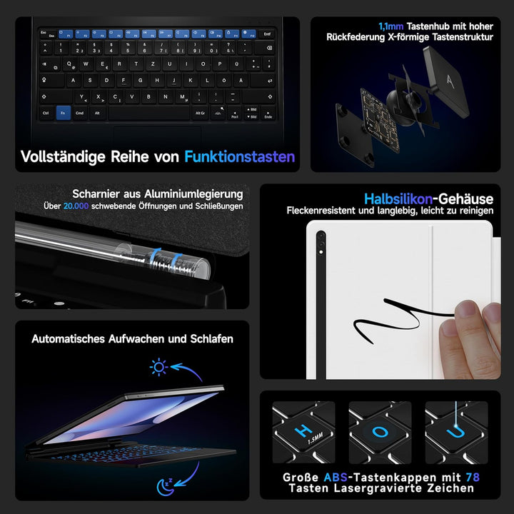 HOU Tastatur hülle für Samsung Galaxy Tab S10+/S9 FE+/S9+/S8+/S7 FE/S7+ (12,4 Zoll) mit Magnetstände