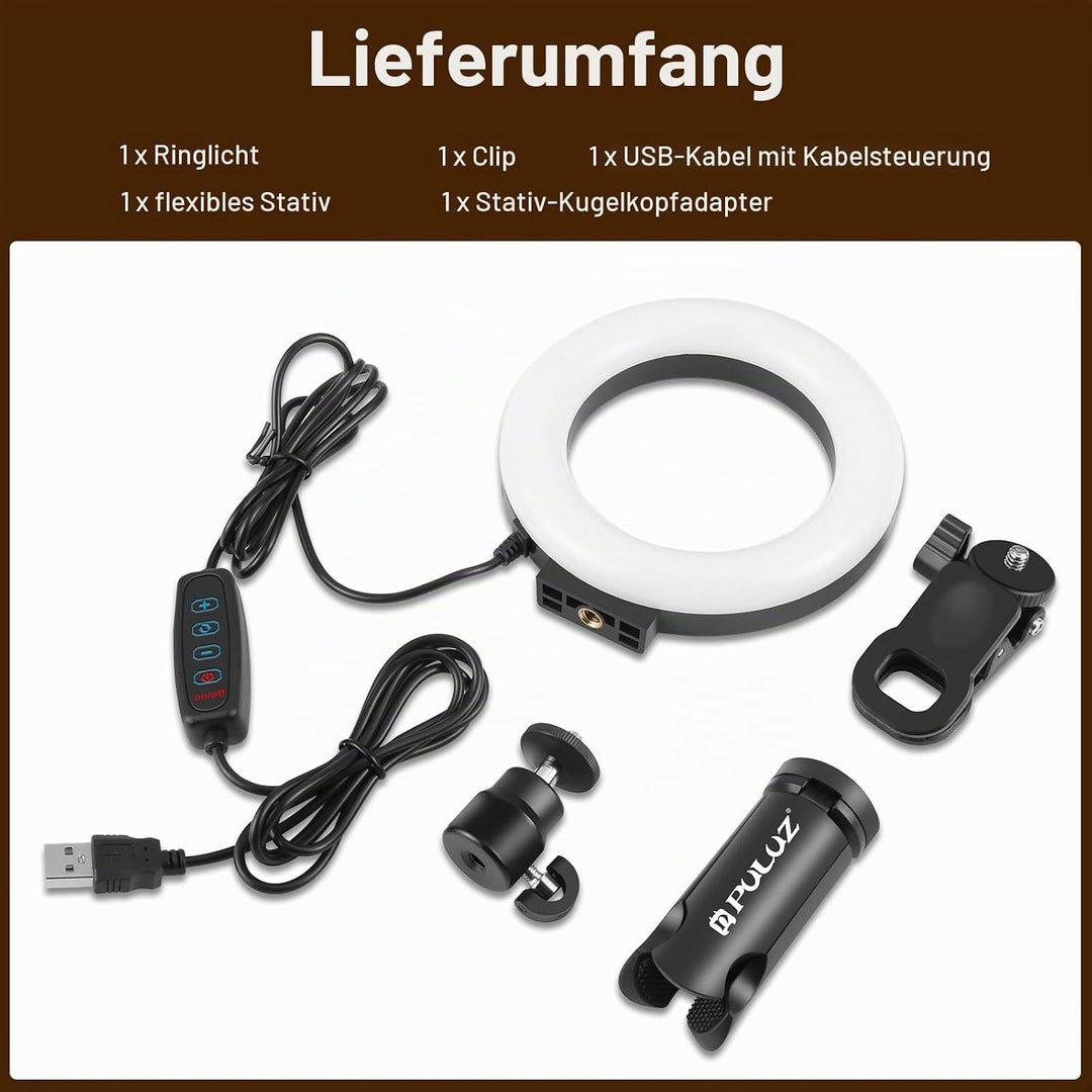 PULUZ Ringlicht PC mit Clip & Stativ 5 Zoll Videokonferenz Licht Dimmbares 3 Lichtfarben+Helligkeit