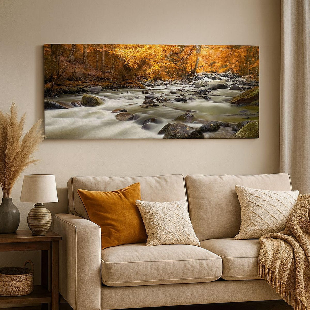 Wandbilder Dekoration Wohnzimmer Stream Herbst Forrest Berg Panorama Bilder auf Leinwand 120x50cm Le