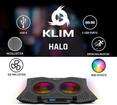 KLIM Halo + Laptop Kühler mit RGB Beleuchtung + 11" - 17" + Gaming Laptop Lüfter Pad für den Schreib