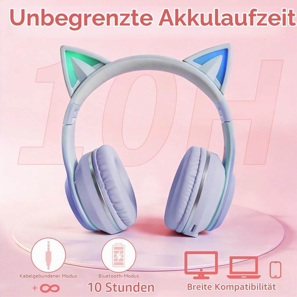 Kinder Bluetooth Kopfhörer, Katzenohr LED Lichter, Bluetooth 5.3 Stereo, Verstellbares Kopfband, 85d