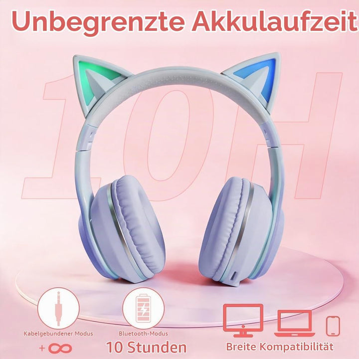 Kinder Bluetooth Kopfhörer, Katzenohr LED Lichter, Bluetooth 5.3 Stereo, Verstellbares Kopfband, 85d