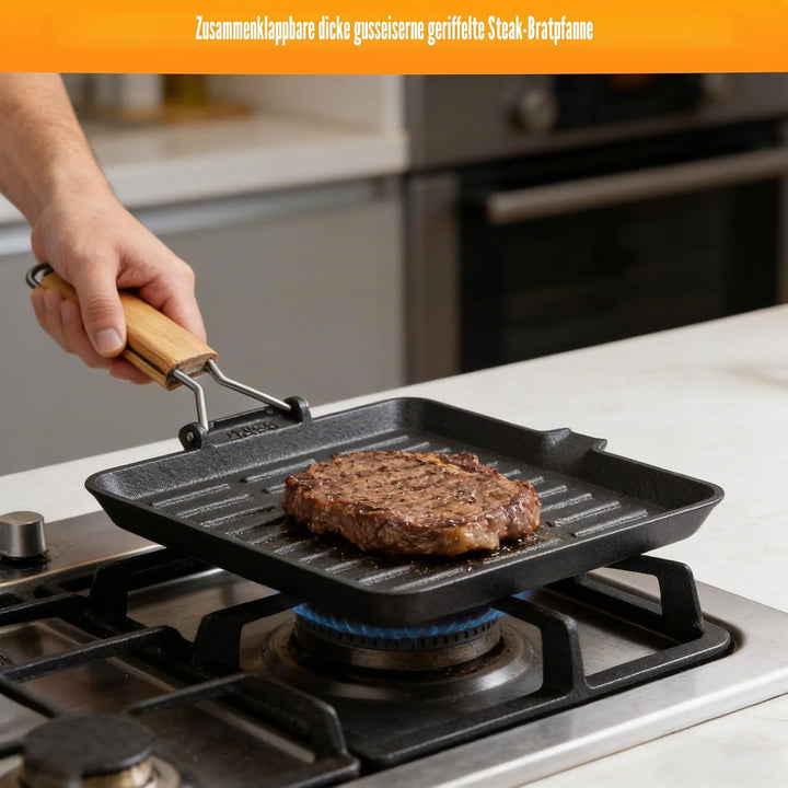 COZHEYSS Steakpfanne Gusseisen Grillpfanne Klappbarer Holzgriff, 24×24cm Grill Pan Induktion Viereck