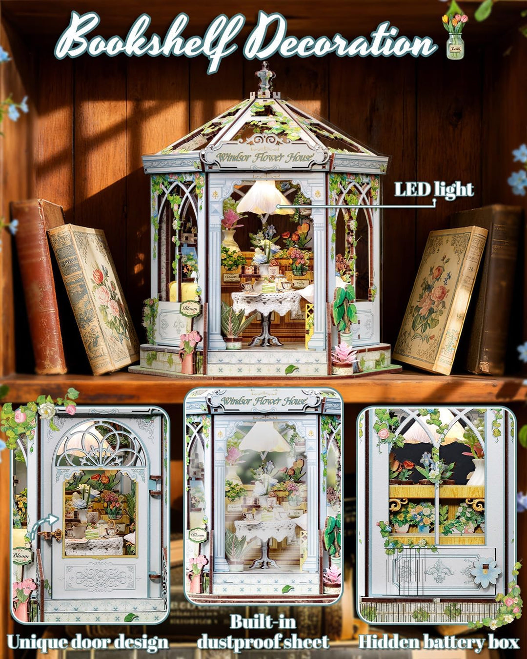 CUTEBEE Europäisch-Retro 3D-Puzzle Book Nook Puppenhaus-Set, eleganter Wintergarten mit Afternoon-Te