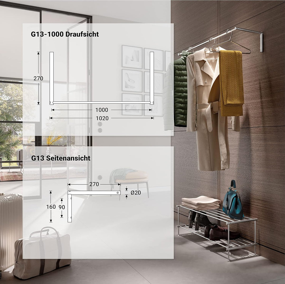 PHOS Design, G13-1000, 100 cm breite Edelstahl-Wandgarderobe 100 cm Breite, ohne Ablage, 100 cm Brei