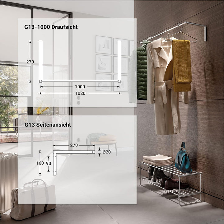 PHOS Design, G13-1000, 100 cm breite Edelstahl-Wandgarderobe 100 cm Breite, ohne Ablage, 100 cm Brei