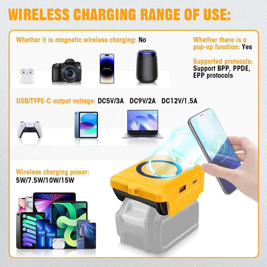 Kabelloses Tragbares Ladegerät für DeWalt 20V Li-Ionen Akku, 15W Schnell Telefon Ladegerät mit USB-B