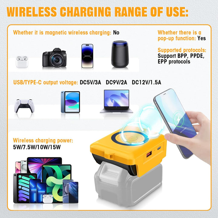 Kabelloses Tragbares Ladegerät für DeWalt 20V Li-Ionen Akku, 15W Schnell Telefon Ladegerät mit USB-B