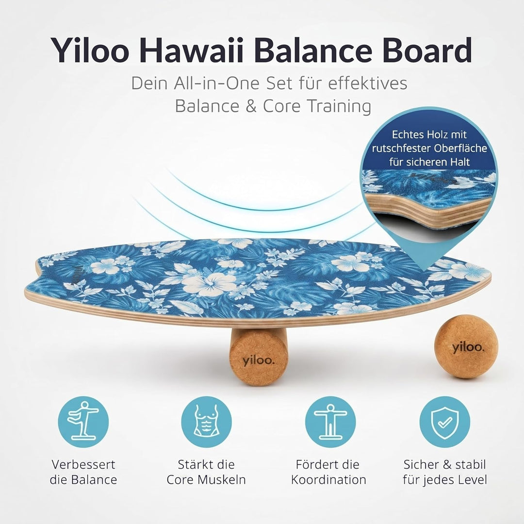 Hawaii Balance Board aus Holz – Gleichgewichtstrainer mit Rolle & Balance Ball – Handgefertigt & rut