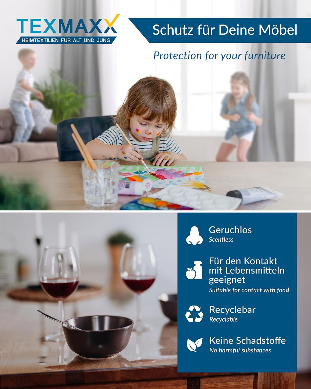 TEXMAXX Tischfolie transparent 2mm mit abgeschrägter Kante/Tischschutz transparent versch. Grössen u