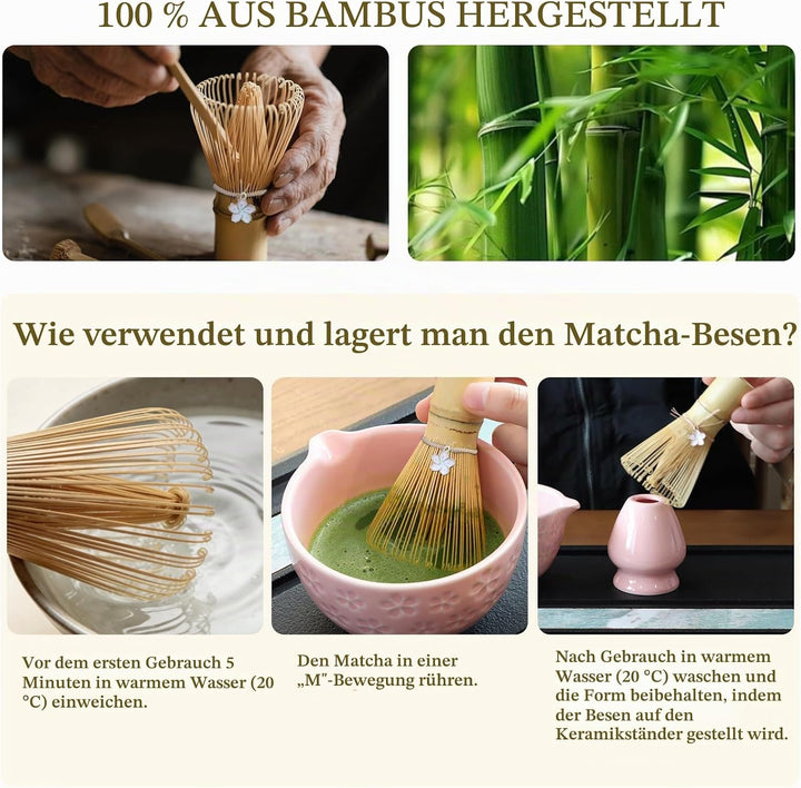Matcha Set Handgedrehtes Macha Tea Set mit Bambus Matcha Besen, Keramik Matcha Schale, Löffel und Ha