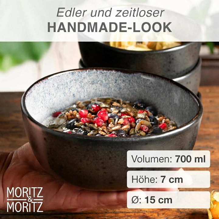 Moritz & Moritz ORGANIC Müslischalen Set 6-teilig Grau, Steingut Bowls im modernen Design, ca. 500 m