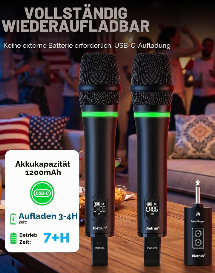 Bietrun Kabelloses Mikrofon, wiederaufladbar, UHF-Metall, doppeltes schnurloses, dynamisches unidire