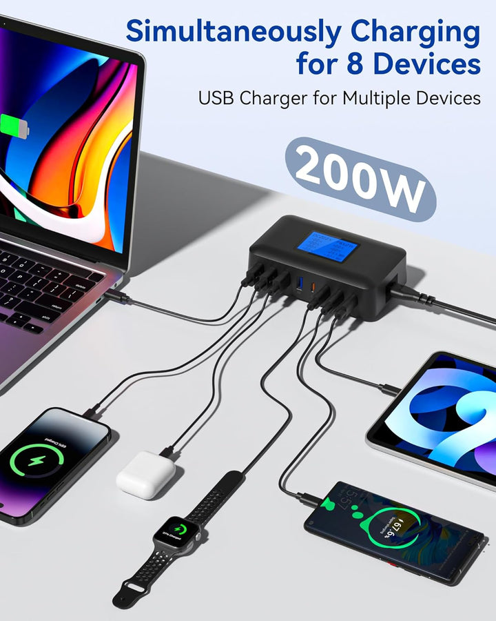 200W USB C Ladegerät Mehrfach – 8-Port USB C Netzteil, USB Ladestation mit LCD Bildschirm, PD 65W Sc