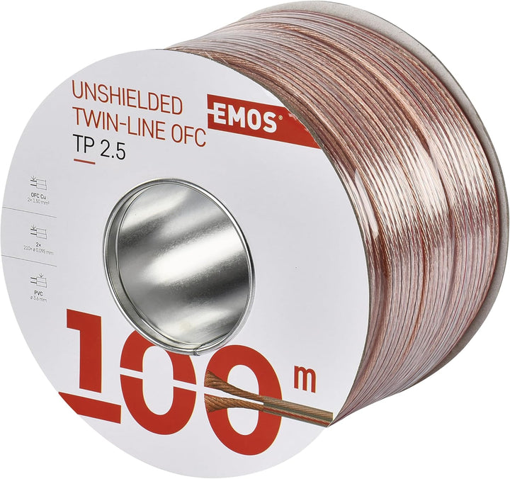 EMOS Lautsprecherkabel OFC 2 x 2,5 mm2, 100 Meter HiFi Audio Boxenkabel aus reinem Kupfer für Lautsp