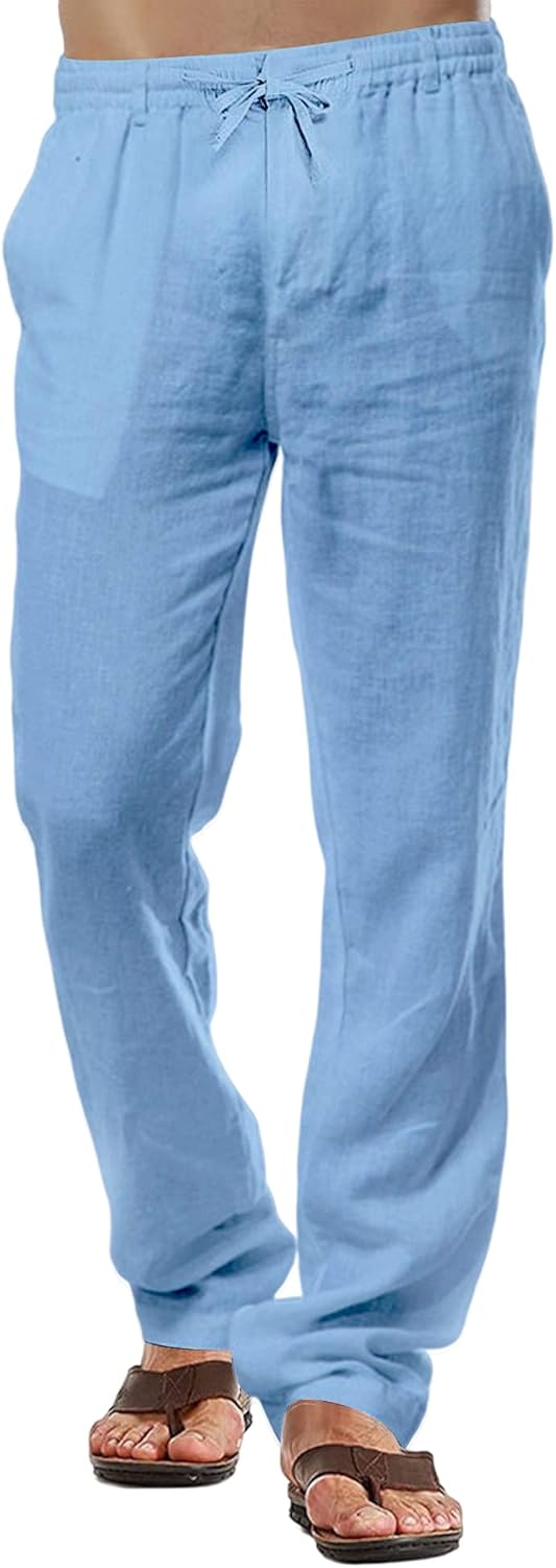 Herren Leinenhose Casual Baumwolle Hose Sommer Strand Hosen Leichte Tunnelzug Hose S Blau, S Blau