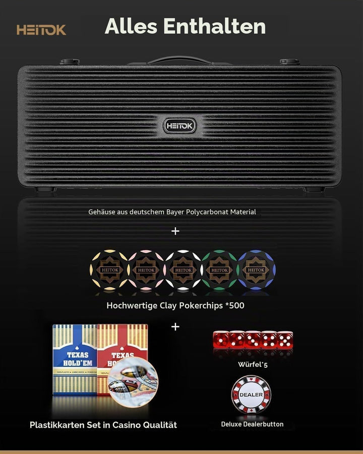 Pokerkoffer 500 Stück, Premium Poker Set im extrem stabilen Polycarbonat-Koffer (Kein Alu) – 14g Cla