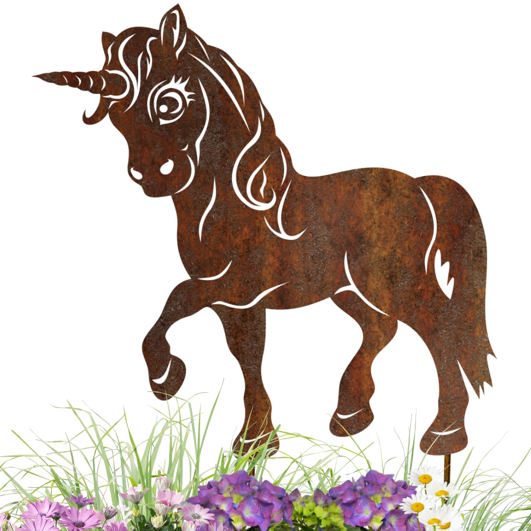 Terma Stahldesign Edelrost Gartenstecker Einhorn, Handmade Germany, tolle gartendeko aus Rost-Metall
