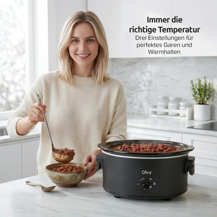 Olvy Slow Cooker 6L Schongarer Keramik-Innentopf 3 Stufen Low High Warm Faltbare Griffe Familie Meal