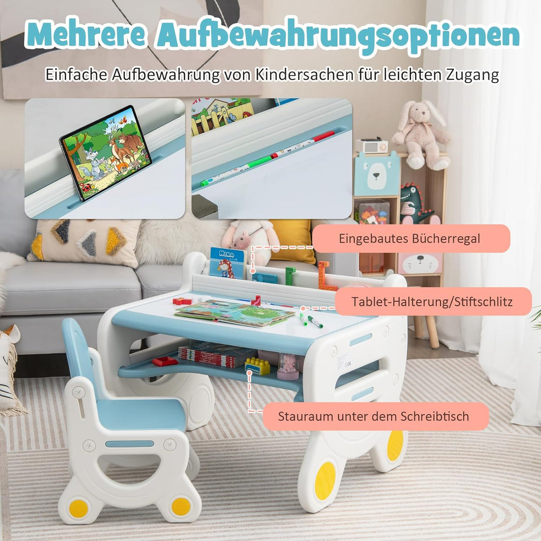 COSTWAY Kinder Sitzgruppe mit höhen- und neigungsverstellbarer Tischplatte, Kinder Tisch mit Hocker,