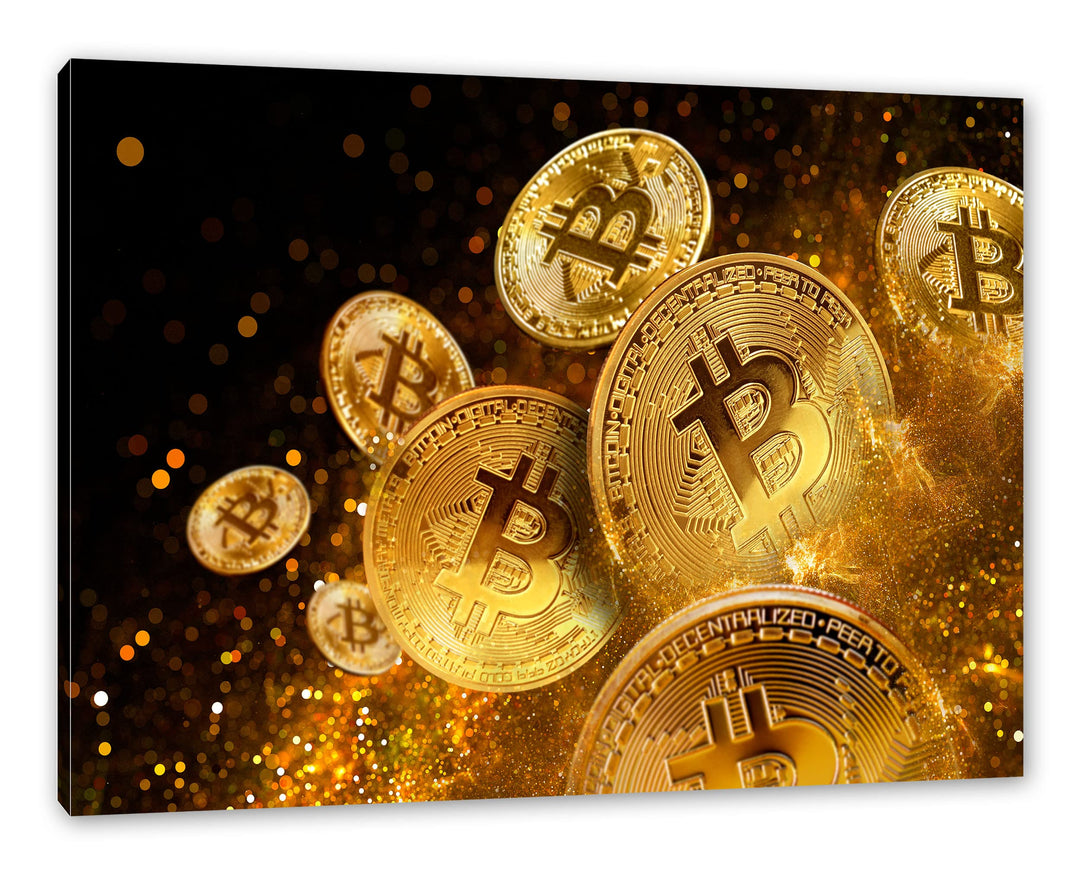 Pixxprint funkelnder Bitcoin BTC als Leinwandbild | Grösse: 100x70 cm | Wandbild | Kunstdruck | fert