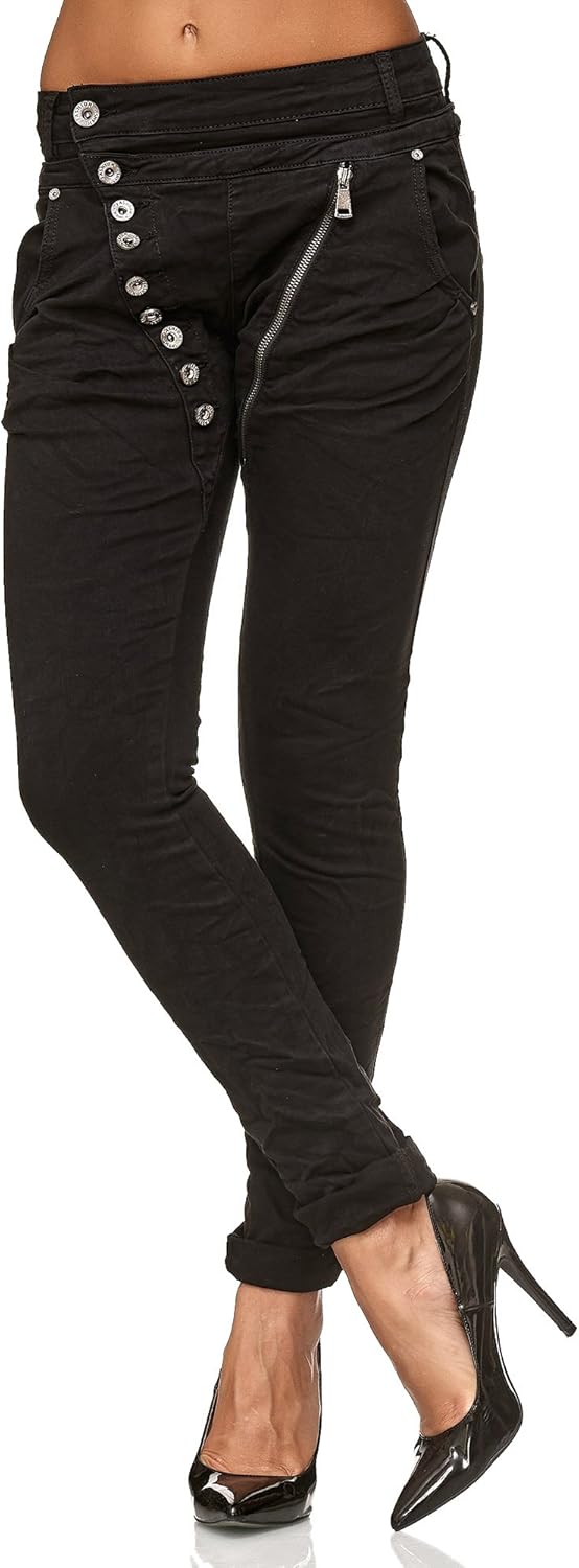 Elara Damen Jeans Boyfriend Knopfleiste Chunkyrayan 34 Slim Schwarz, 34 Slim Schwarz