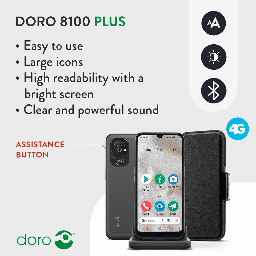 Doro 8100 Plus – 4G entsperrtes Smartphone für Senioren – 13 MP Dreifach-Kamera – wasserfestes Andro