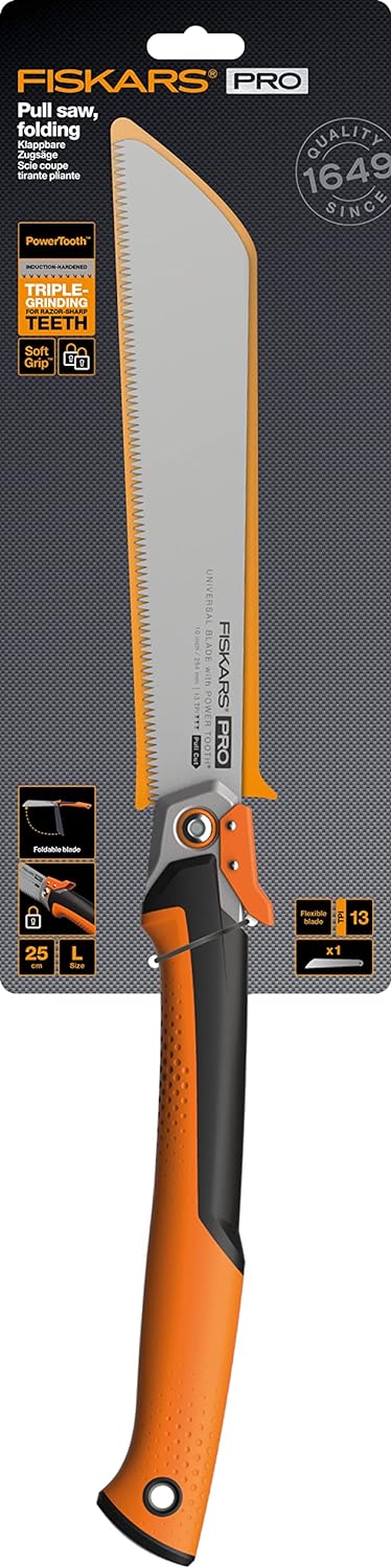 Fiskars Pro Klappbare Zugsäge, Sägeblattlänge: 25 cm, 13 TPI, Schwarz/Orange, PowerTooth, 1062933 23