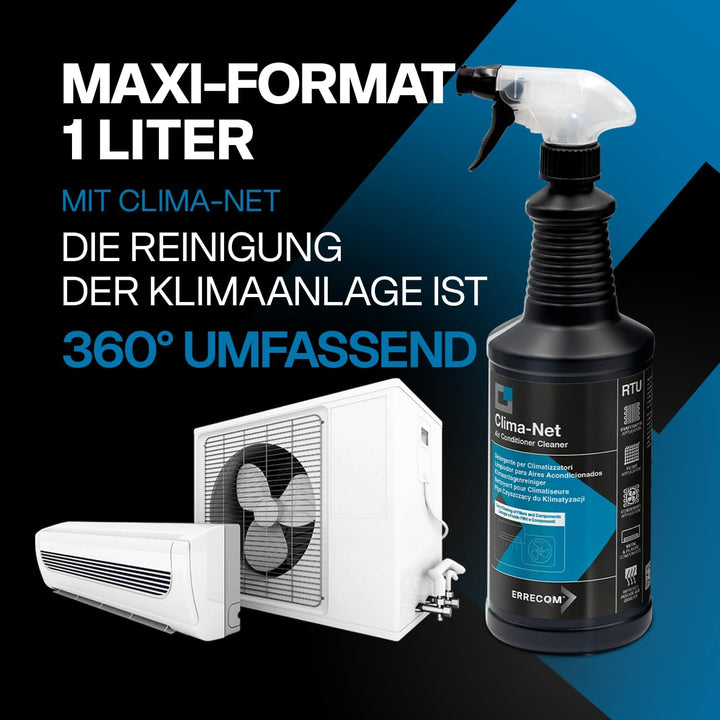 Errecom Clima-Net, Reiniger für Klimaanlagen, Filter, Lamellen und Aussengeräte, 1L Clima Net, Clima