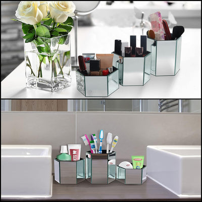 Kurtzy 3-er Set Make Up Pinsel Behälter Sechseckig Verspiegelt – Pinselhalter Silber Klein, Mittel &