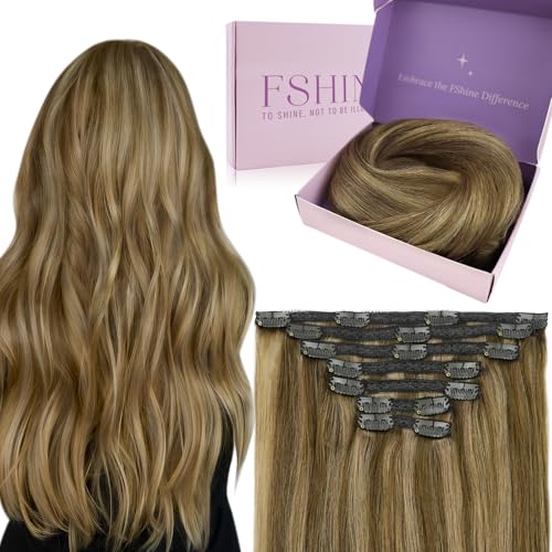 Fshine Clip In Haarverlängerungen Echtes Menschenhaar Mittelbraun und Karamellblond Highlights Clip
