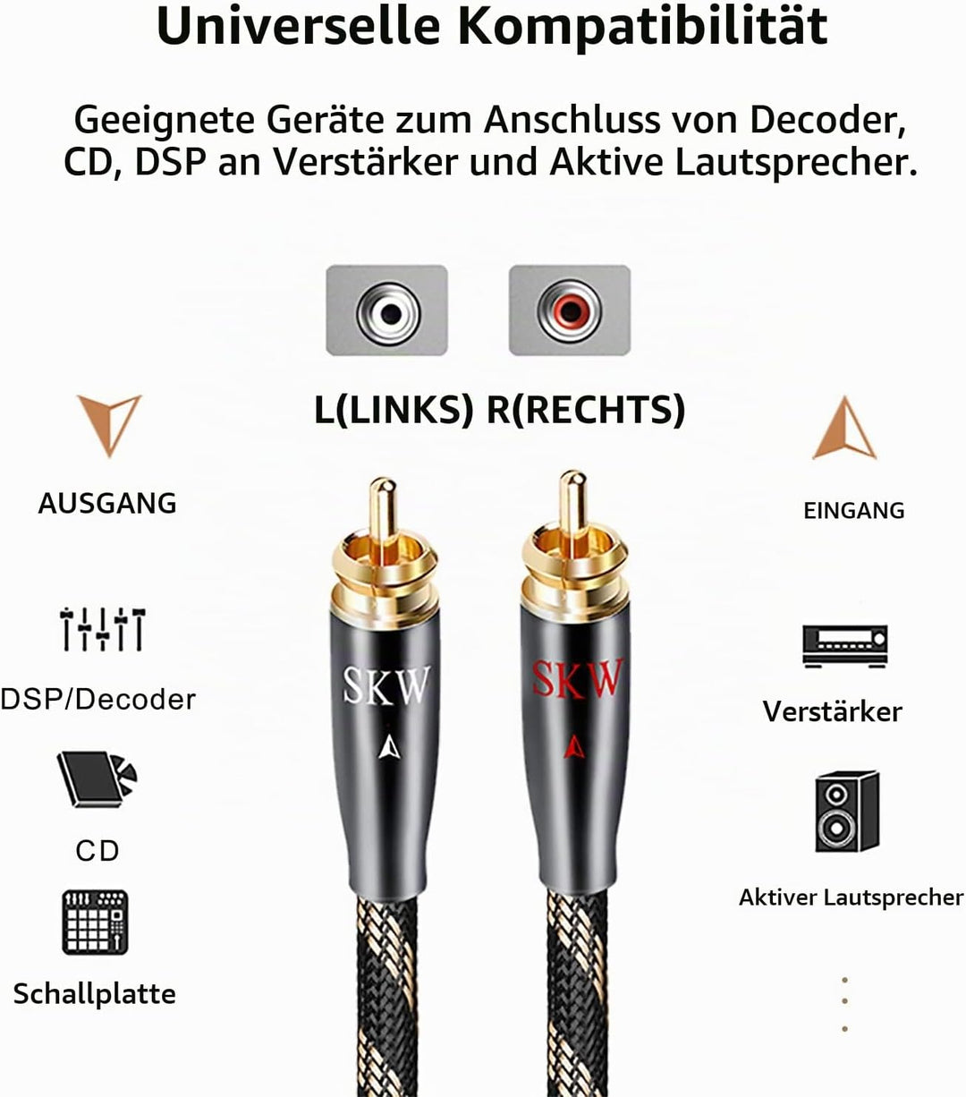 SKW Upgrad Audiophiles Cinch Audio Kabel, 2RCA Stecker zu 2RCA Stecker HiFi System Converter Adapter