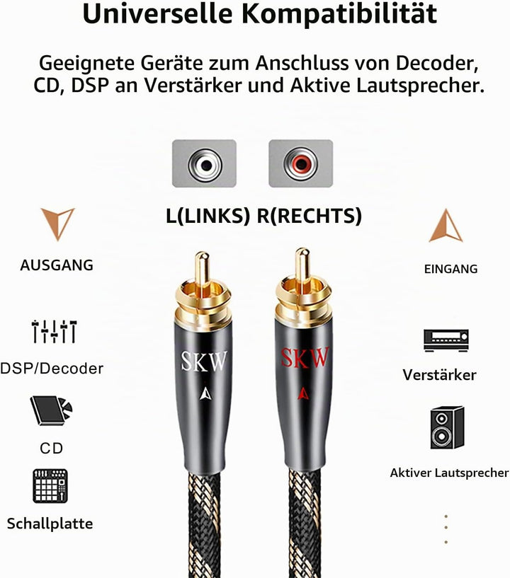 SKW Upgrad Audiophiles Cinch Audio Kabel, 2RCA Stecker zu 2RCA Stecker HiFi System Converter Adapter