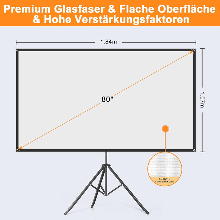 VISULAPEX Leinwand Beamer mit Ständer 80 Zoll, 4K HD 16:9 Leinwand Beamer Tragbar, Leicht und Kompak