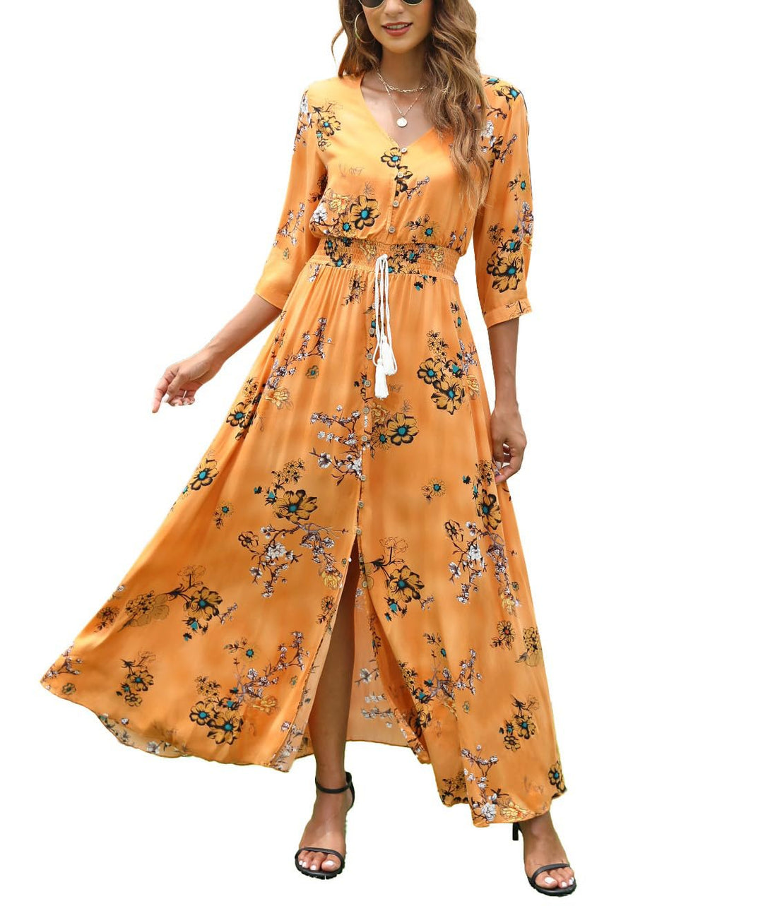 VOGMATE Damen Lange Split Knopf Up Sommer Maxikleid Floral Strandwear Holidy Kleid Hohe Taille mit k