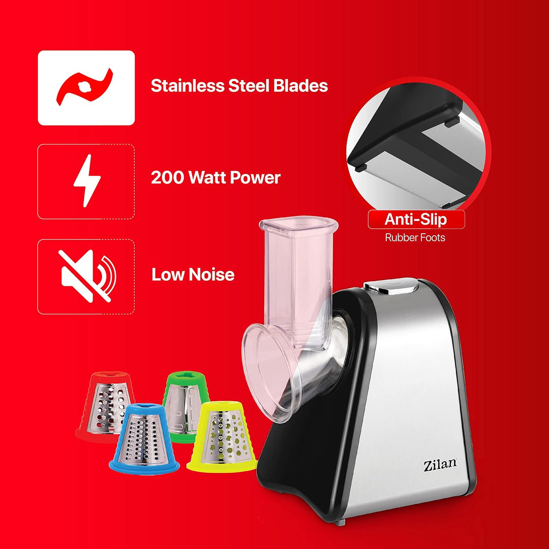 Zilan Gemüseschneider, elektrisch, 4 in 1, Raspeln, Schaben, Mandoline, Gemüse, Obst, 200 W